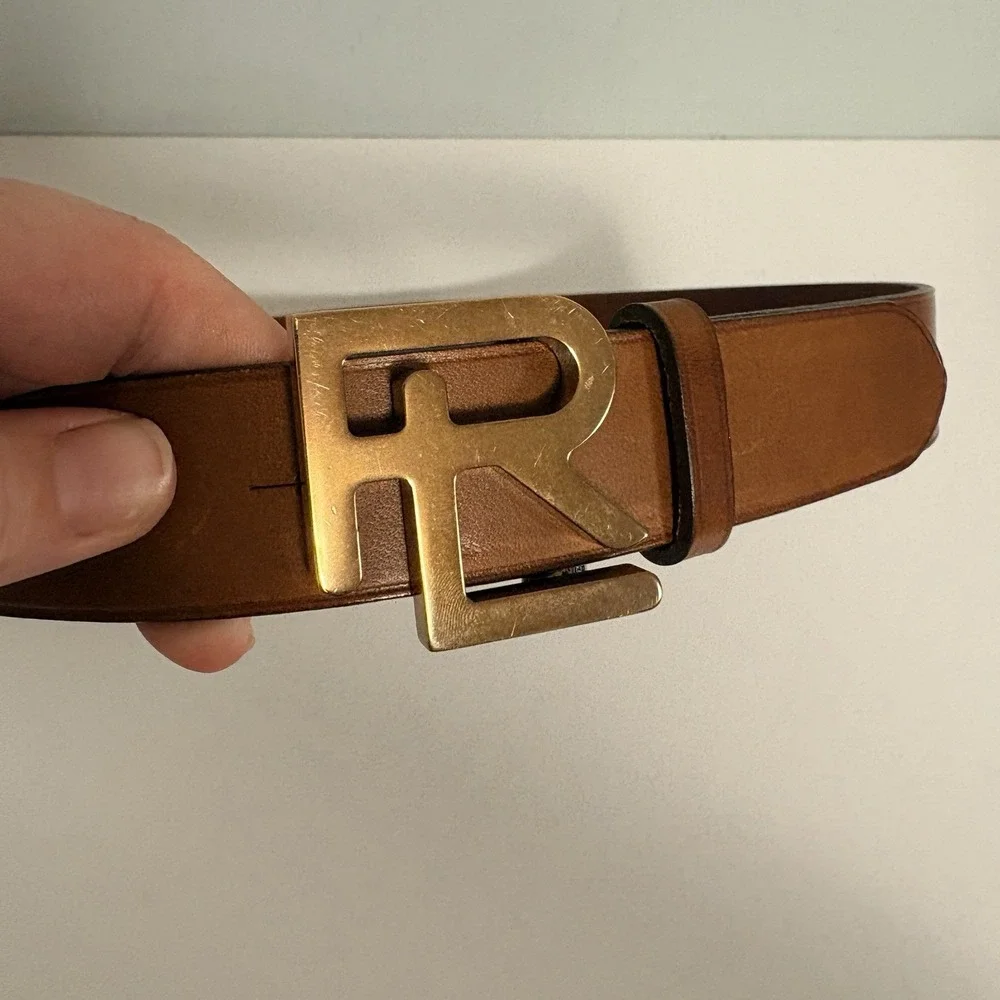 Vintage Ralph Lauren RL Plaque Buckle Leather Belt Made in England 90s Brown XS